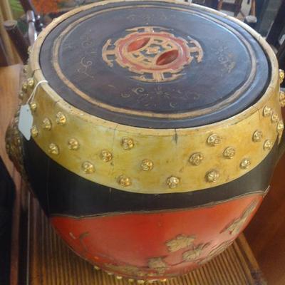 Vintage Black and Red Chinese Rice Barrel
