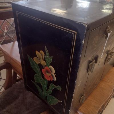 Vintage Black Lacquer and Hand Painted Finish Chinoiserie Console