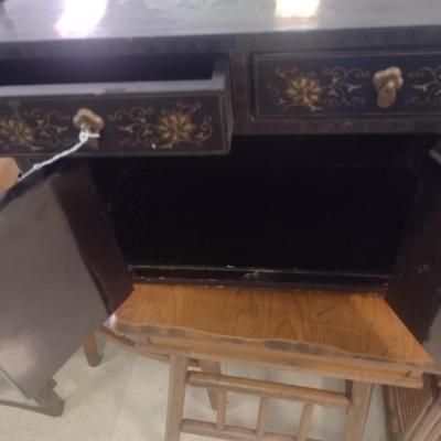 Vintage Black Lacquer and Hand Painted Finish Chinoiserie Console