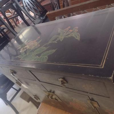 Vintage Black Lacquer and Hand Painted Finish Chinoiserie Console