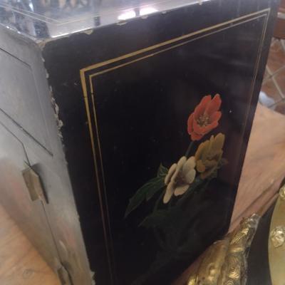 Vintage Black Lacquer and Hand Painted Finish Chinoiserie Console