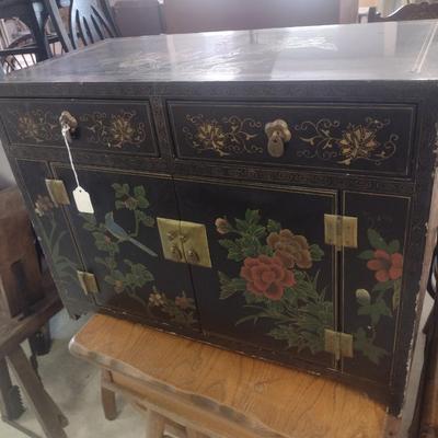 Vintage Black Lacquer and Hand Painted Finish Chinoiserie Console