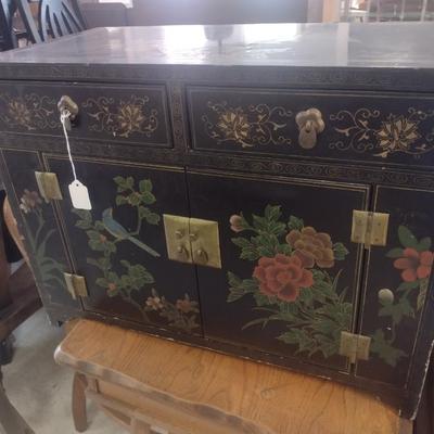 Vintage Black Lacquer and Hand Painted Finish Chinoiserie Console