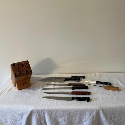 Wooden Knife Block, Seven Knives and an Ice Pick (K)