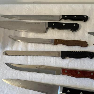 Wooden Knife Block, Seven Knives and an Ice Pick (K)
