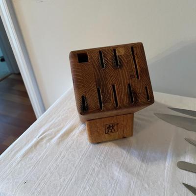 Wooden Knife Block, Seven Knives and an Ice Pick (K)