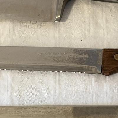 Wooden Knife Block, Seven Knives and an Ice Pick (K)