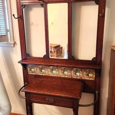 Lot #190 Gorgeous Antique Hall Tree - all original with Majolica Tiles
