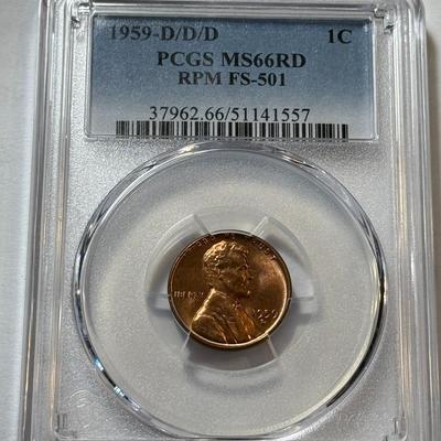 PCGS CERTIFIED 1959-D/D/D RPM FS-501 MS66 RED LINCOLN CENT AS PICTURED.