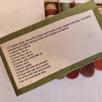 Lot #198 Box of Antique Clay Poker Chips - various designs.
