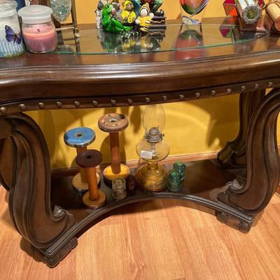 Wood and glass top sofa table only