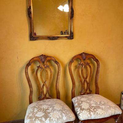 2 Cream fabric chairs with mirror