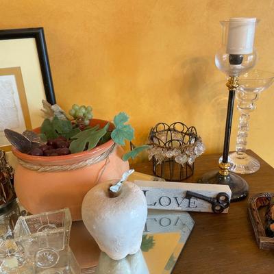 Large lot of decor, including: photo, grapes, candlesticks