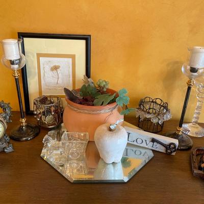 Large lot of decor, including: photo, grapes, candlesticks