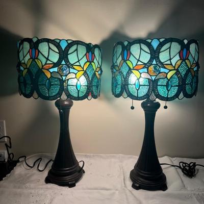 Pair of Stained Glass Drum Shade Lamps
