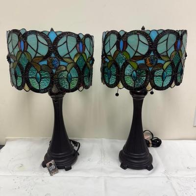 Pair of Stained Glass Drum Shade Lamps