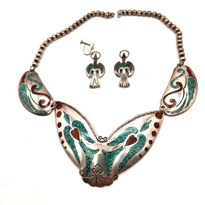 Lot #206 Sterling Silver/Turquiose Necklace by Navajo Artist Thomas Singer (1940-2014) - also Earrings