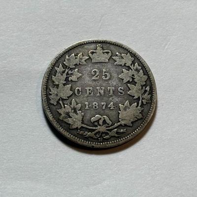 CANADA 1874-H GOOD CONDITION 25-CENT SILVER COIN AS PICTURED.