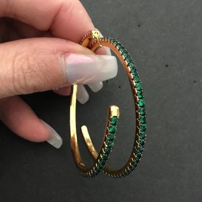Beautiful very nice green crystal rhinestone, gold tone, hoop earrings