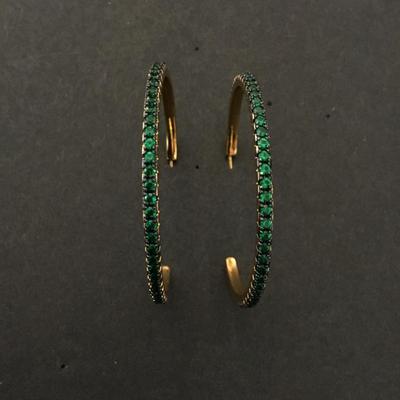 Beautiful very nice green crystal rhinestone, gold tone, hoop earrings