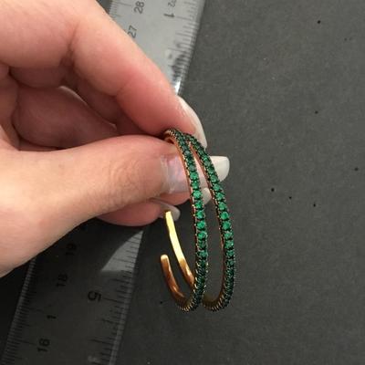 Beautiful very nice green crystal rhinestone, gold tone, hoop earrings