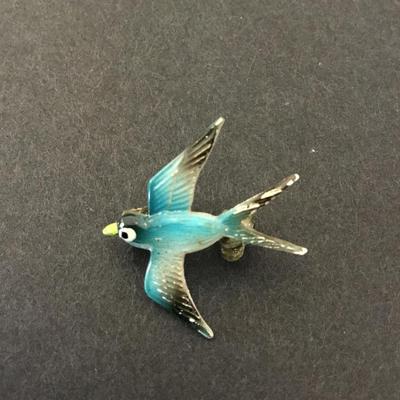Vintage hand, painted blue bird pin