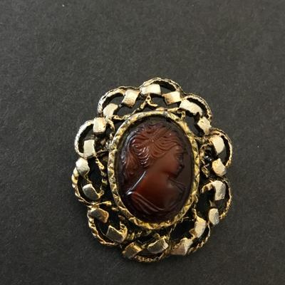 Vintage root beer, cameo brooch