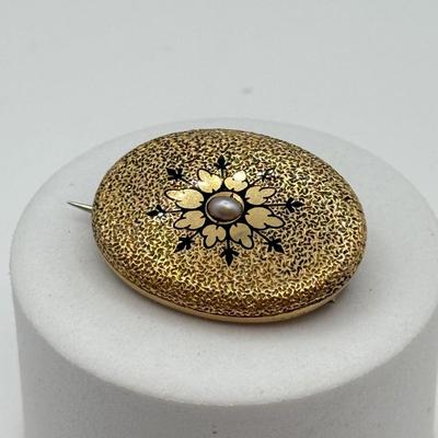 LOT 36: Antique Victorian 14k Gold Black Enamel Brooch/Pendant w/ Pearl Center (5.86gtw)