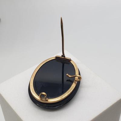 LOT 52: 14k Antique Black Czech Glass Pendant/Brooch & 12kGF 24" Long Chain