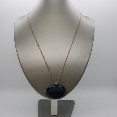 LOT 52: 14k Antique Black Czech Glass Pendant/Brooch & 12kGF 24" Long Chain