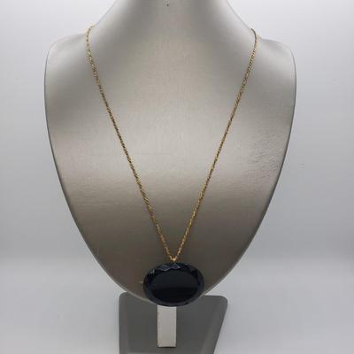 LOT 52: 14k Antique Black Czech Glass Pendant/Brooch & 12kGF 24" Long Chain