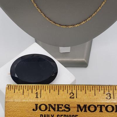LOT 52: 14k Antique Black Czech Glass Pendant/Brooch & 12kGF 24" Long Chain