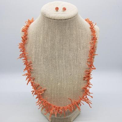 LOT 53: Branch Coral 24" Long Necklace & Pair of Coral Post Earrings