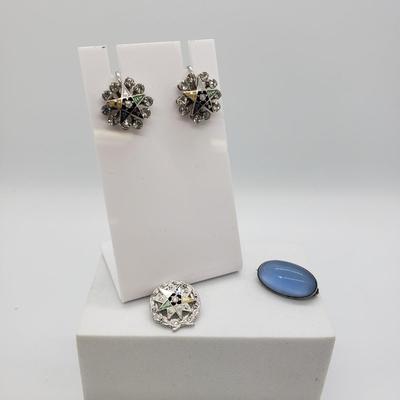 LOT 54: Antique Blue Moonstone Sterling Silver Pin & Set of Sterling Silver Eastern Star Pin & Screwback Rhinestone Earrings