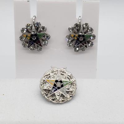 LOT 54: Antique Blue Moonstone Sterling Silver Pin & Set of Sterling Silver Eastern Star Pin & Screwback Rhinestone Earrings