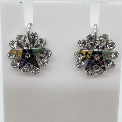 LOT 54: Antique Blue Moonstone Sterling Silver Pin & Set of Sterling Silver Eastern Star Pin & Screwback Rhinestone Earrings