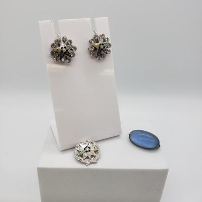 LOT 54: Antique Blue Moonstone Sterling Silver Pin & Set of Sterling Silver Eastern Star Pin & Screwback Rhinestone Earrings