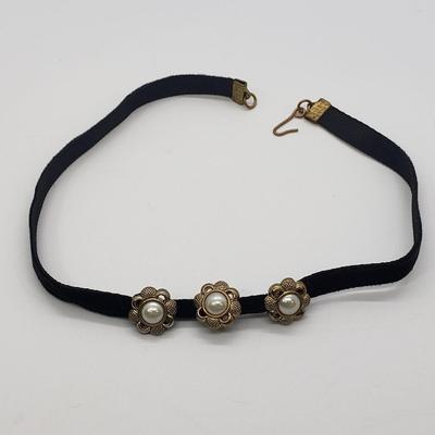 LOT 56: Vintage Black Glass Bead Necklace by Laguna, Antique Victorian Mourning Bracelet with 1/10 12 GF Clasps, Vintage velvet Choker...