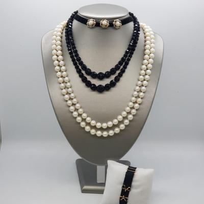LOT 56: Vintage Black Glass Bead Necklace by Laguna, Antique Victorian Mourning Bracelet with 1/10 12 GF Clasps, Vintage velvet Choker...