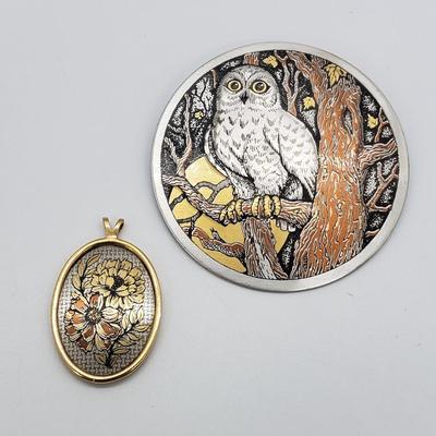 LOT 59: Misc. LOT -Reed & Barton Owl Damascene Brooch & mother of pearl earrings, pendants, pins, buttons and more