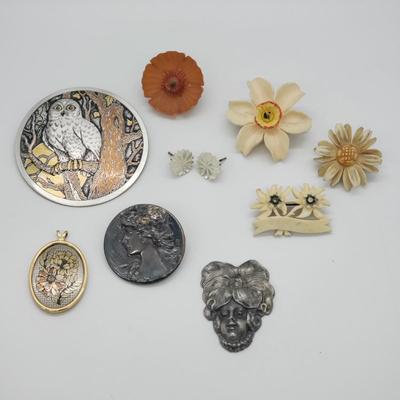 LOT 59: Misc. LOT -Reed & Barton Owl Damascene Brooch & mother of pearl earrings, pendants, pins, buttons and more