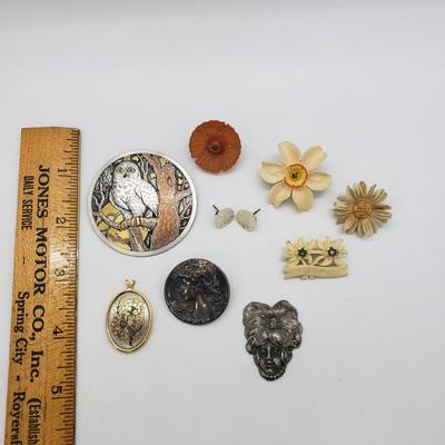 LOT 59: Misc. LOT -Reed & Barton Owl Damascene Brooch & mother of pearl earrings, pendants, pins, buttons and more