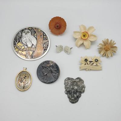 LOT 59: Misc. LOT -Reed & Barton Owl Damascene Brooch & mother of pearl earrings, pendants, pins, buttons and more