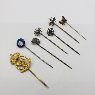 LOT 60: Collection of Stick Pins; Glass Cameo, Enamel Butterfly & More