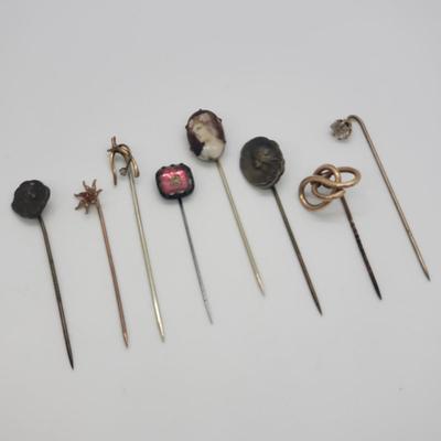 LOT 62: Assortment of Antique Stick Pins, Egyptian Revival, Porcelain Cameo, Art Nouveau & More