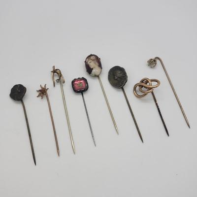 LOT 62: Assortment of Antique Stick Pins, Egyptian Revival, Porcelain Cameo, Art Nouveau & More
