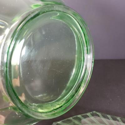 LOT 65: Green Depression Glass Etched Bowl & Plate Set