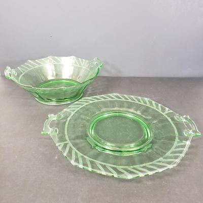 LOT 65: Green Depression Glass Etched Bowl & Plate Set