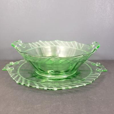 LOT 65: Green Depression Glass Etched Bowl & Plate Set