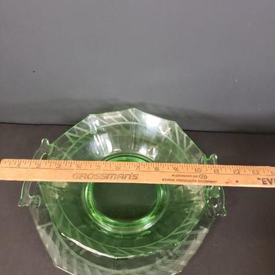 LOT 65: Green Depression Glass Etched Bowl & Plate Set